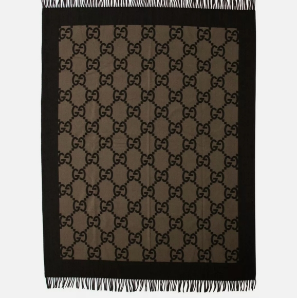 AUTHENTIC GUCCI GG GUCCISSIMA LOGO WOOL / CASHMERE FRINGED BLANKET - Picture 2 of 11